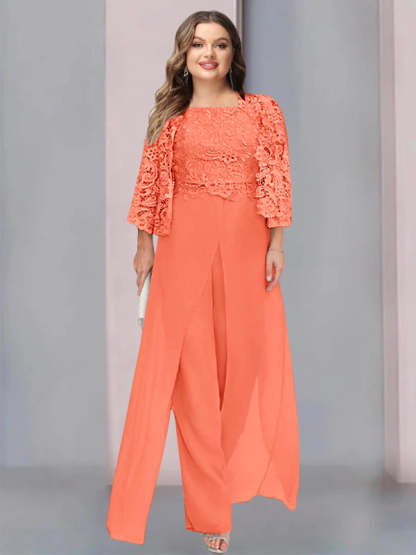 Plus Size Floor-Length Chiffon Pantsuit for the Mother of the Bride with Square Neck and Side Split-LLELLA