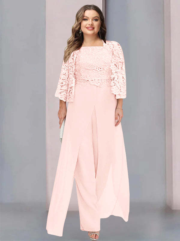 Plus Size Floor-Length Chiffon Pantsuit for the Mother of the Bride with Square Neck and Side Split-LLELLA