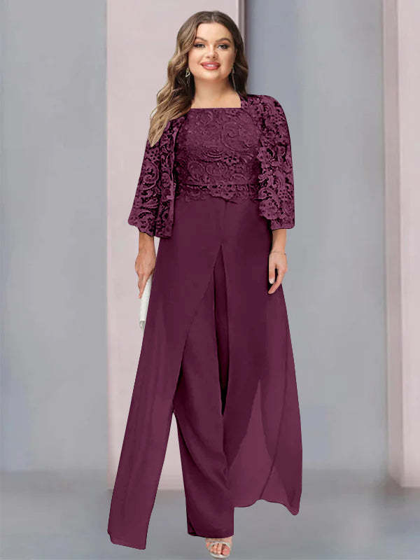 Plus Size Floor-Length Chiffon Pantsuit for the Mother of the Bride with Square Neck and Side Split-LLELLA
