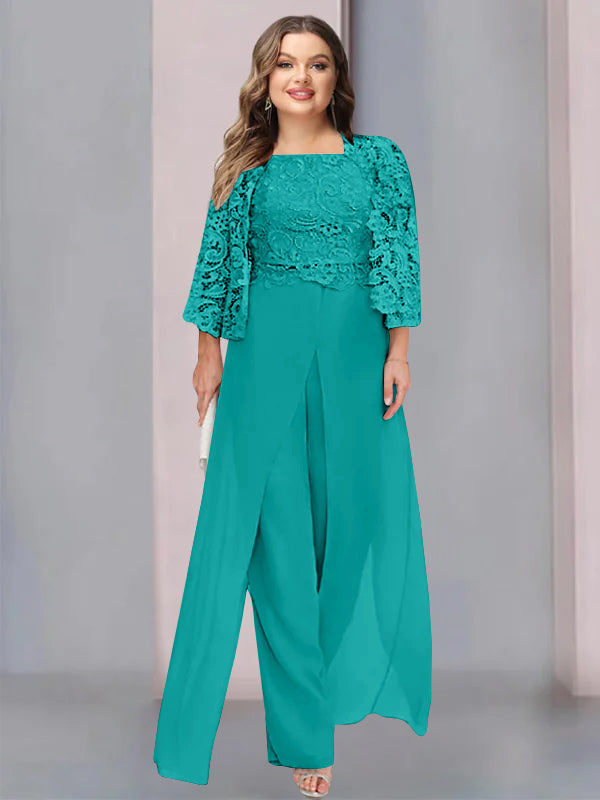 Plus Size Floor-Length Chiffon Pantsuit for the Mother of the Bride with Square Neck and Side Split-LLELLA