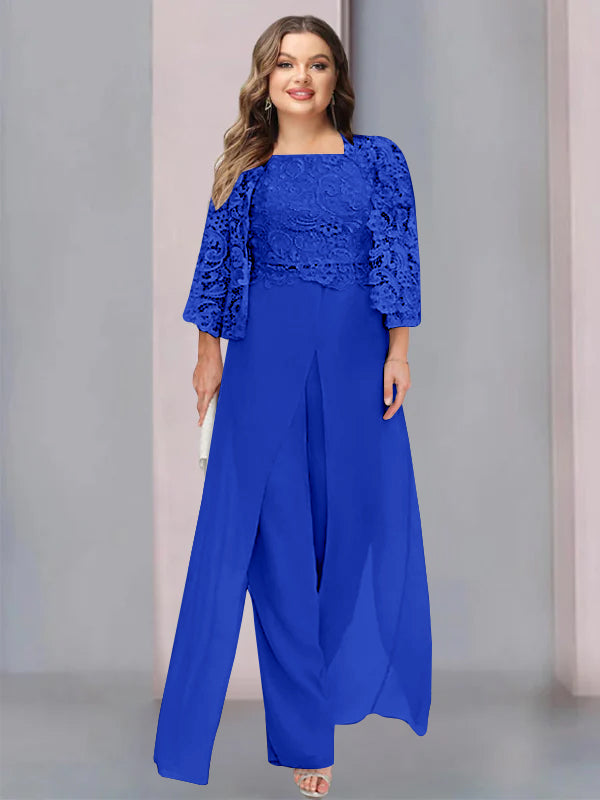 Plus Size Floor-Length Chiffon Pantsuit for the Mother of the Bride with Square Neck and Side Split-LLELLA