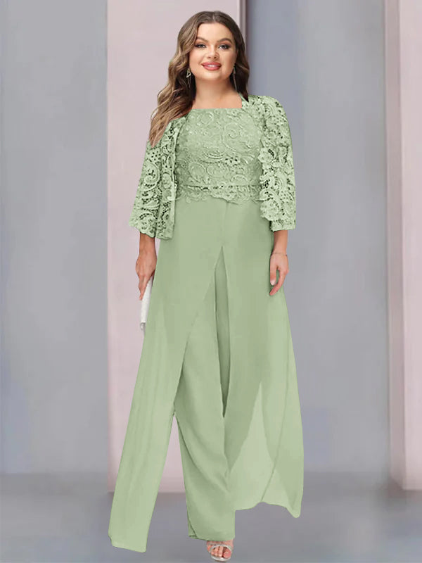 Plus Size Floor-Length Chiffon Pantsuit for the Mother of the Bride with Square Neck and Side Split-LLELLA
