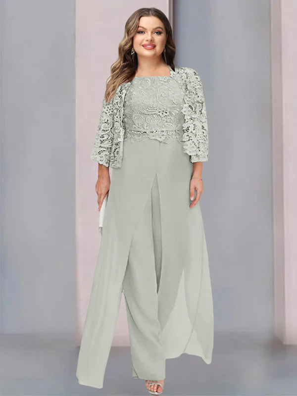 Plus Size Floor-Length Chiffon Pantsuit for the Mother of the Bride with Square Neck and Side Split-LLELLA