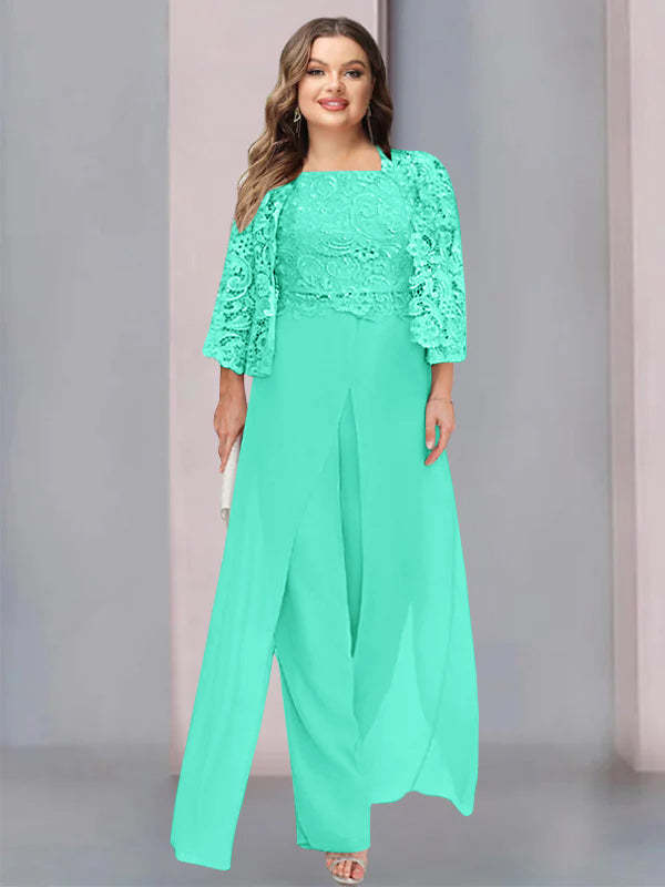 Plus Size Floor-Length Chiffon Pantsuit for the Mother of the Bride with Square Neck and Side Split-LLELLA