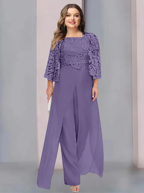Plus Size Floor-Length Chiffon Pantsuit for the Mother of the Bride with Square Neck and Side Split-LLELLA