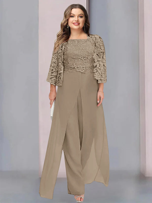 Plus Size Floor-Length Chiffon Pantsuit for the Mother of the Bride with Square Neck and Side Split-LLELLA