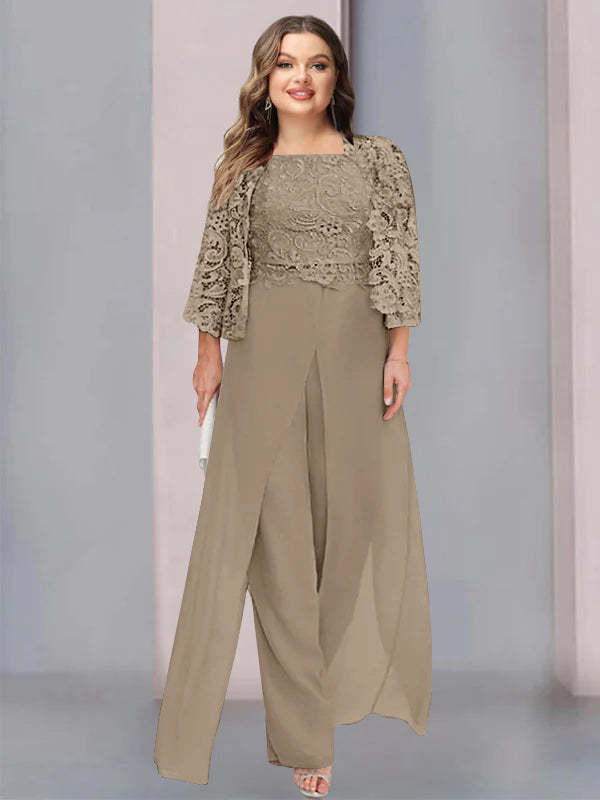 Plus Size Floor-Length Chiffon Pantsuit for the Mother of the Bride with Square Neck and Side Split-LLELLA