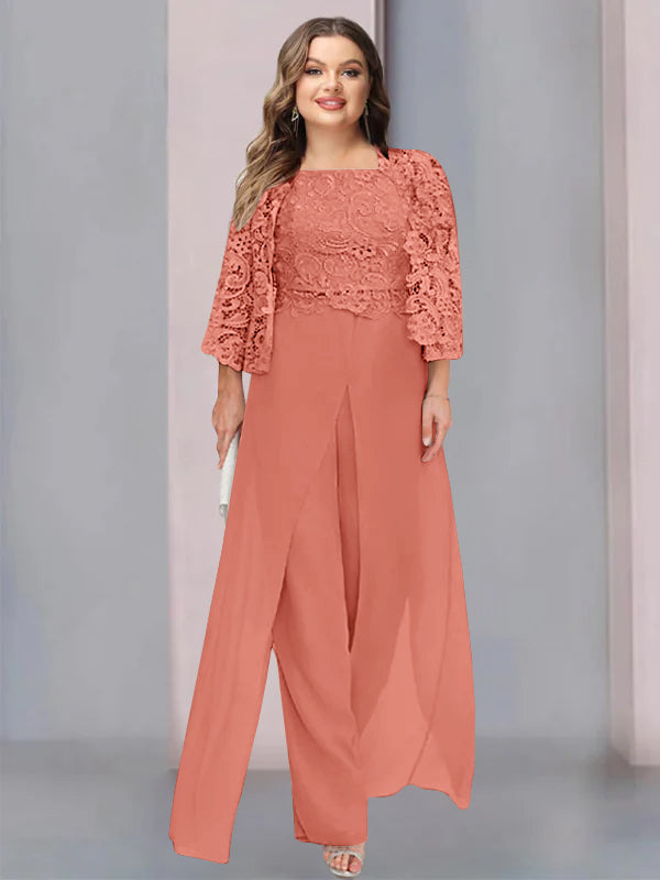 Plus Size Floor-Length Chiffon Pantsuit for the Mother of the Bride with Square Neck and Side Split-LLELLA