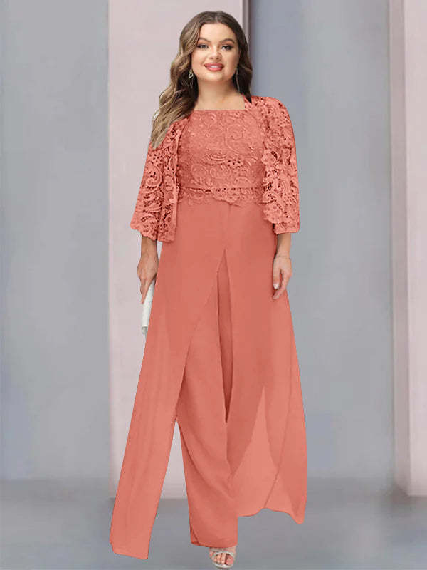 Plus Size Floor-Length Chiffon Pantsuit for the Mother of the Bride with Square Neck and Side Split-LLELLA
