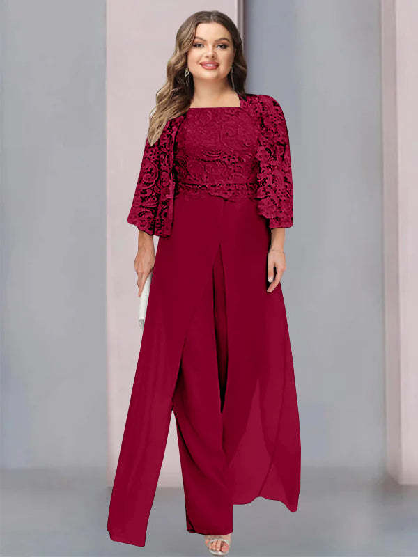 Plus Size Floor-Length Chiffon Pantsuit for the Mother of the Bride with Square Neck and Side Split-LLELLA