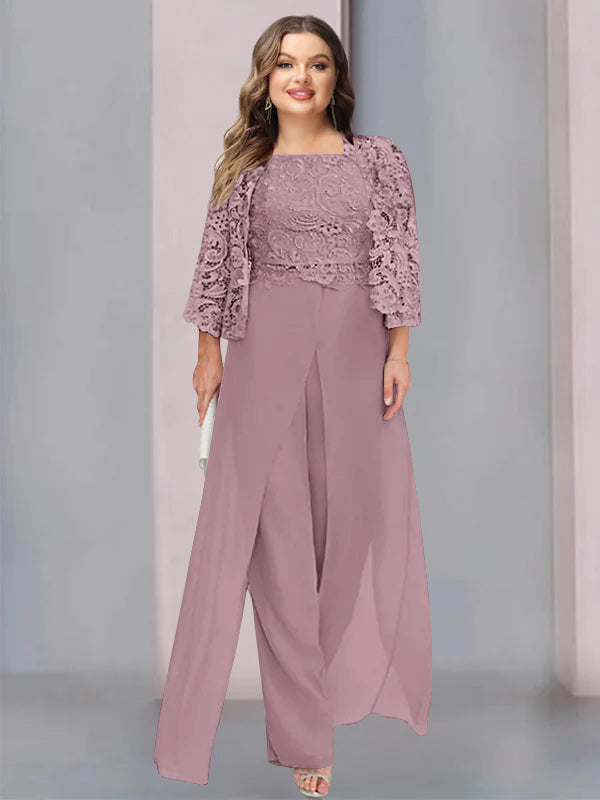 Plus Size Floor-Length Chiffon Pantsuit for the Mother of the Bride with Square Neck and Side Split-LLELLA