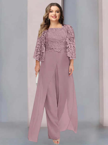 Plus Size Floor-Length Chiffon Pantsuit for the Mother of the Bride with Square Neck and Side Split-LLELLA