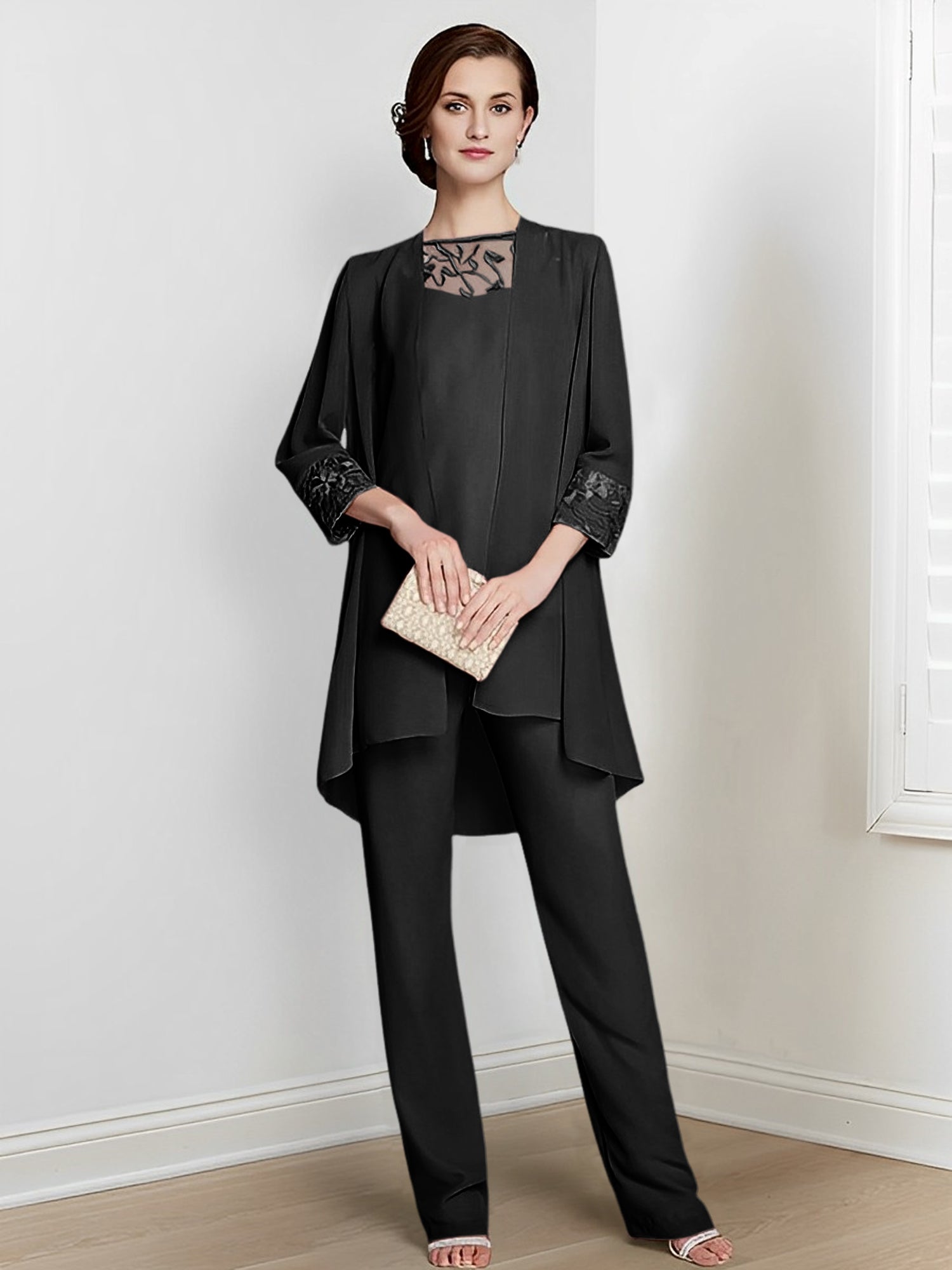 Floor-Length Square Neck Chiffon Pantsuit With Long Sleeves and Jacket for the Mother of the Bride-LLELLA