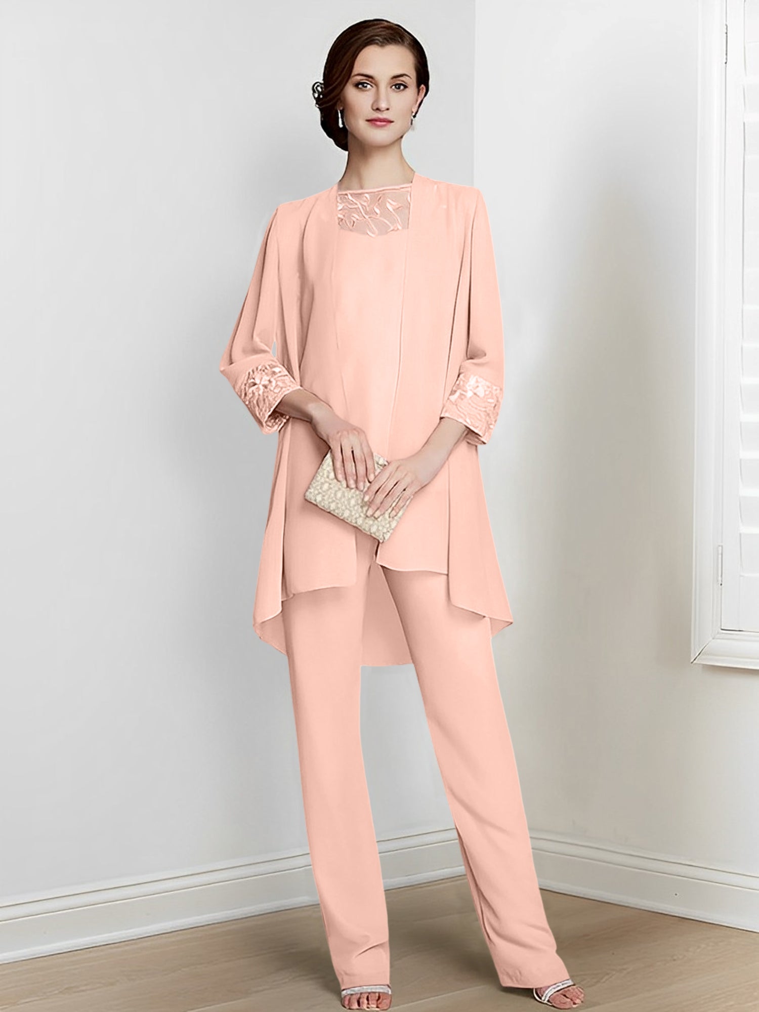 Floor-Length Square Neck Chiffon Pantsuit With Long Sleeves and Jacket for the Mother of the Bride-LLELLA