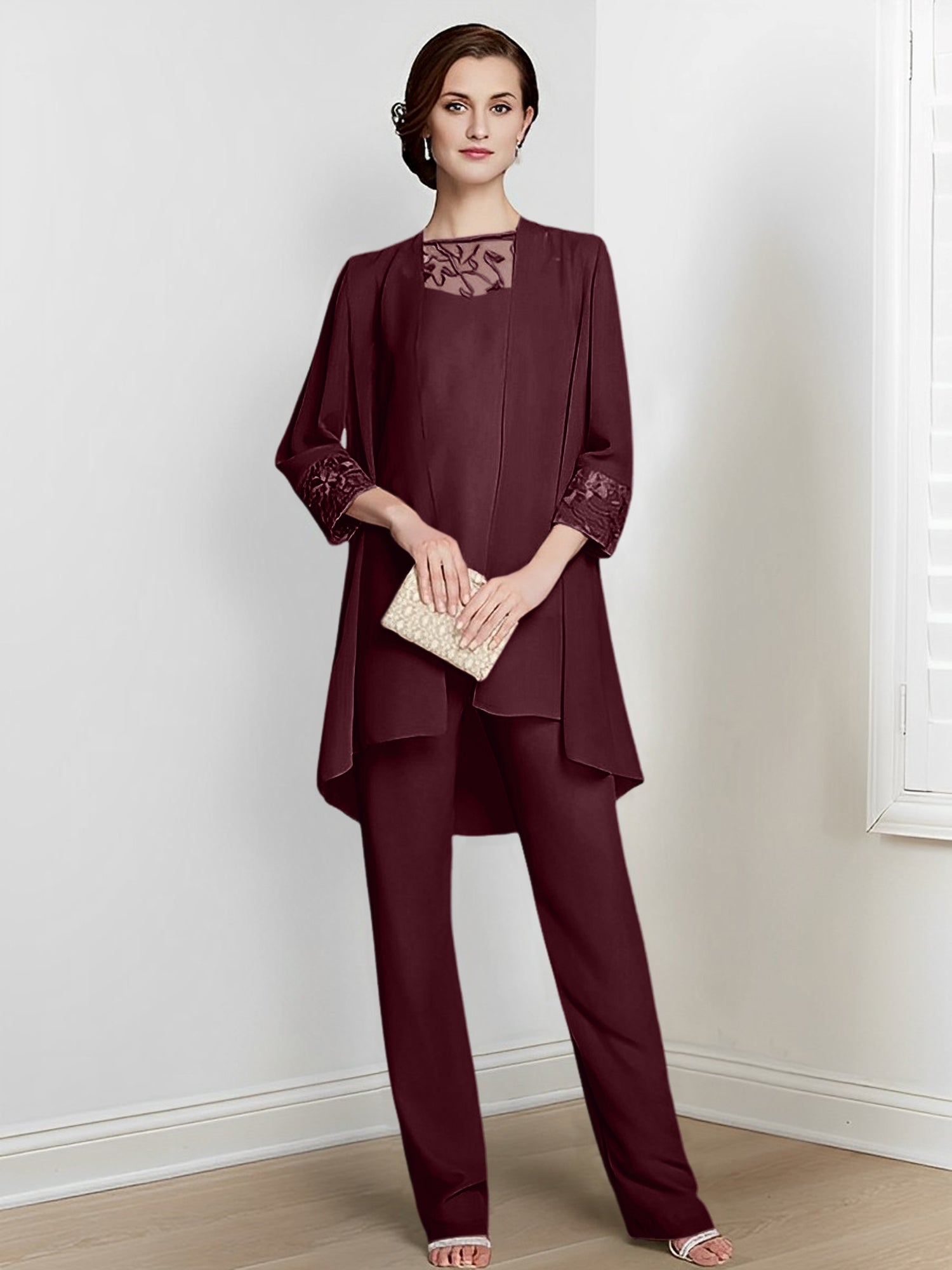 Floor-Length Square Neck Chiffon Pantsuit With Long Sleeves and Jacket for the Mother of the Bride-LLELLA