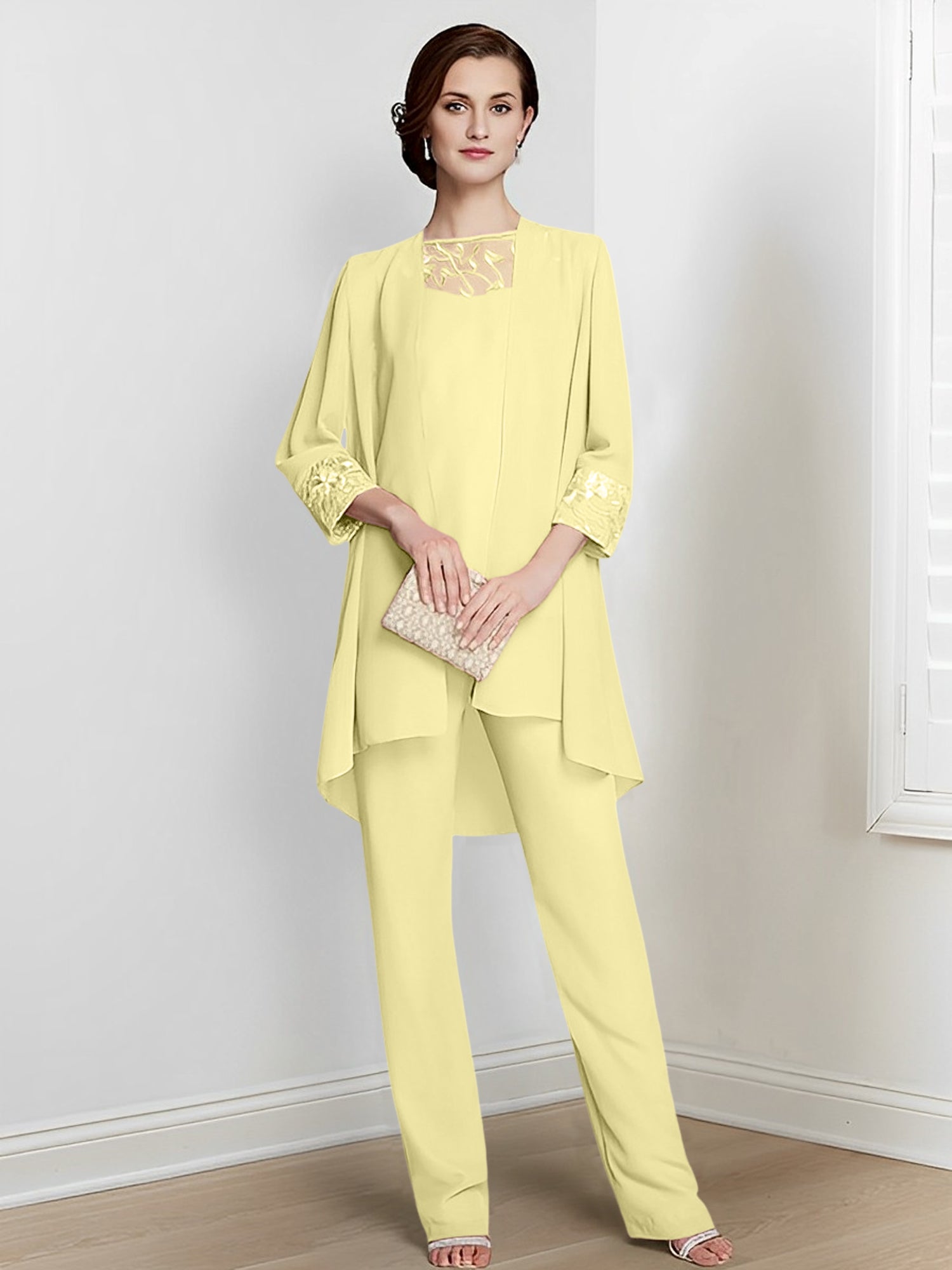 Floor-Length Square Neck Chiffon Pantsuit With Long Sleeves and Jacket for the Mother of the Bride-LLELLA
