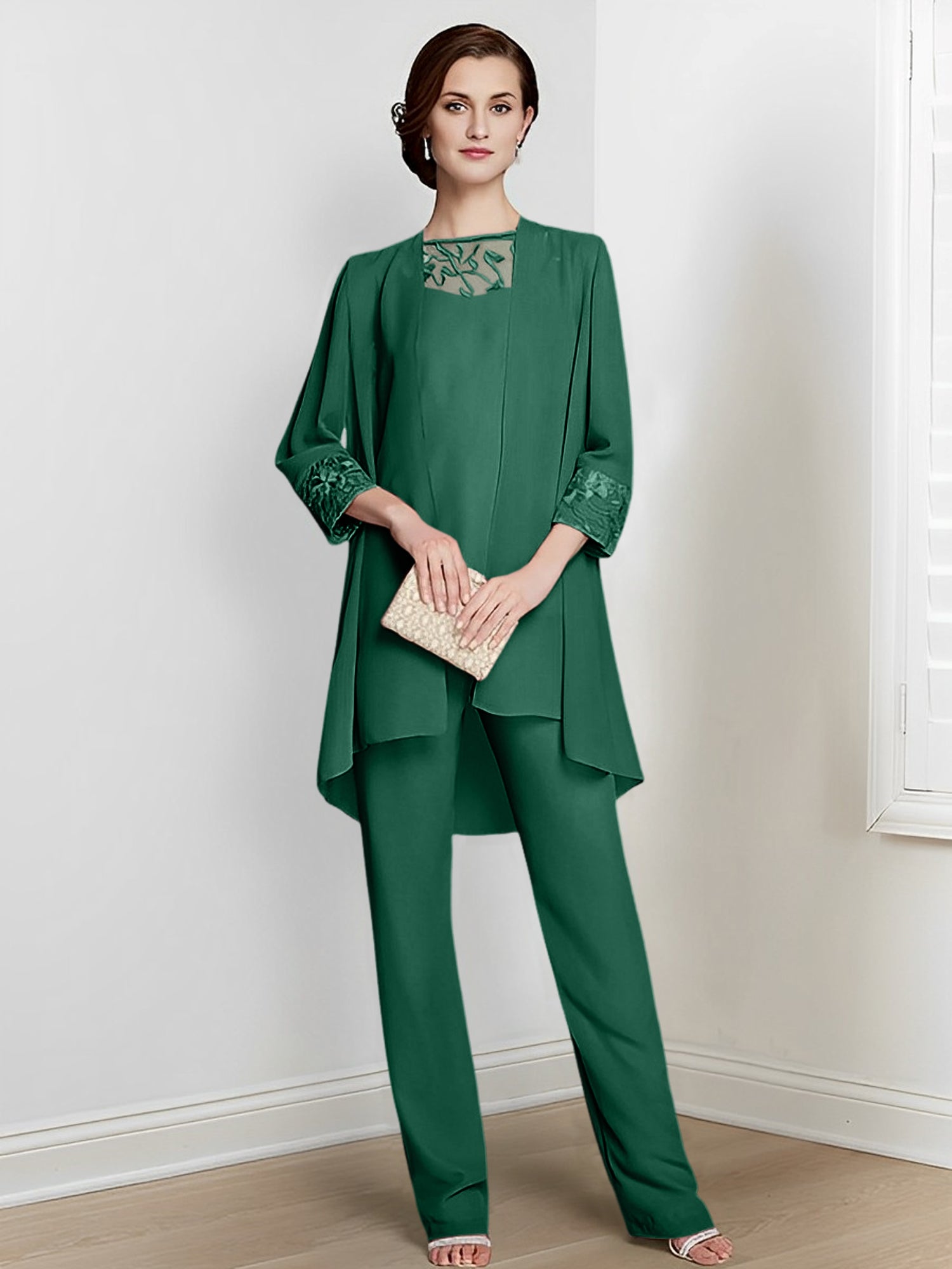 Floor-Length Square Neck Chiffon Pantsuit With Long Sleeves and Jacket for the Mother of the Bride-LLELLA
