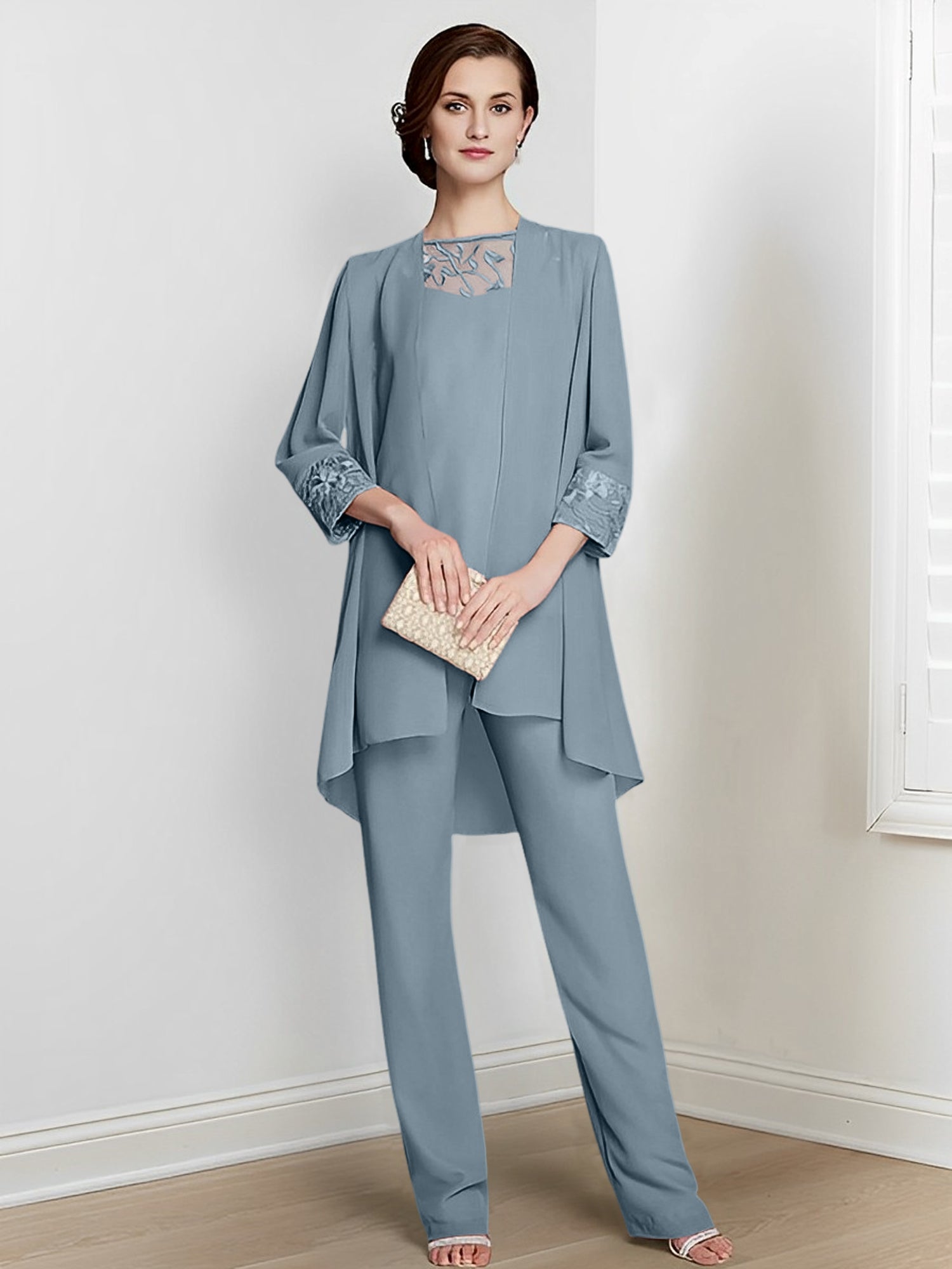 Floor-Length Square Neck Chiffon Pantsuit With Long Sleeves and Jacket for the Mother of the Bride-LLELLA