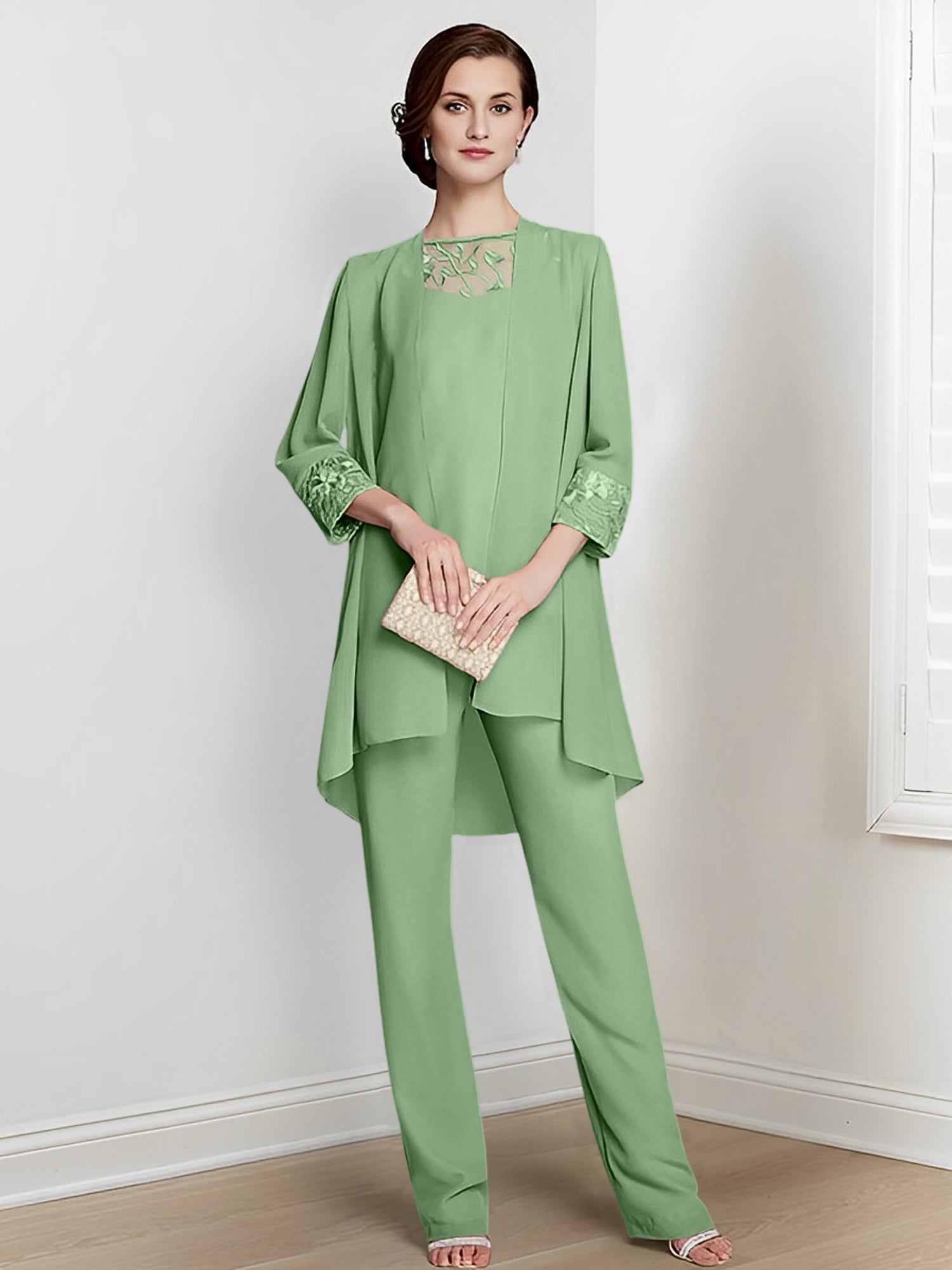 Floor-Length Square Neck Chiffon Pantsuit With Long Sleeves and Jacket for the Mother of the Bride-LLELLA