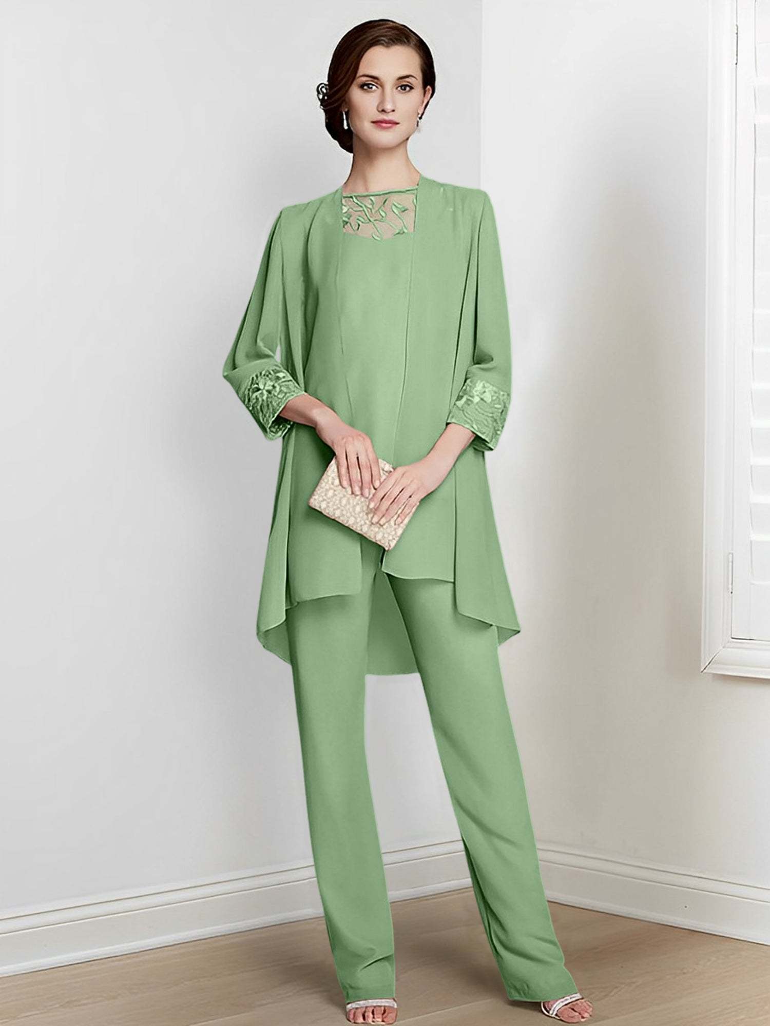 Floor-Length Square Neck Chiffon Pantsuit With Long Sleeves and Jacket for the Mother of the Bride-LLELLA