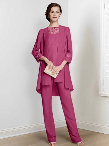 Floor-Length Square Neck Chiffon Pantsuit With Long Sleeves and Jacket for the Mother of the Bride-LLELLA