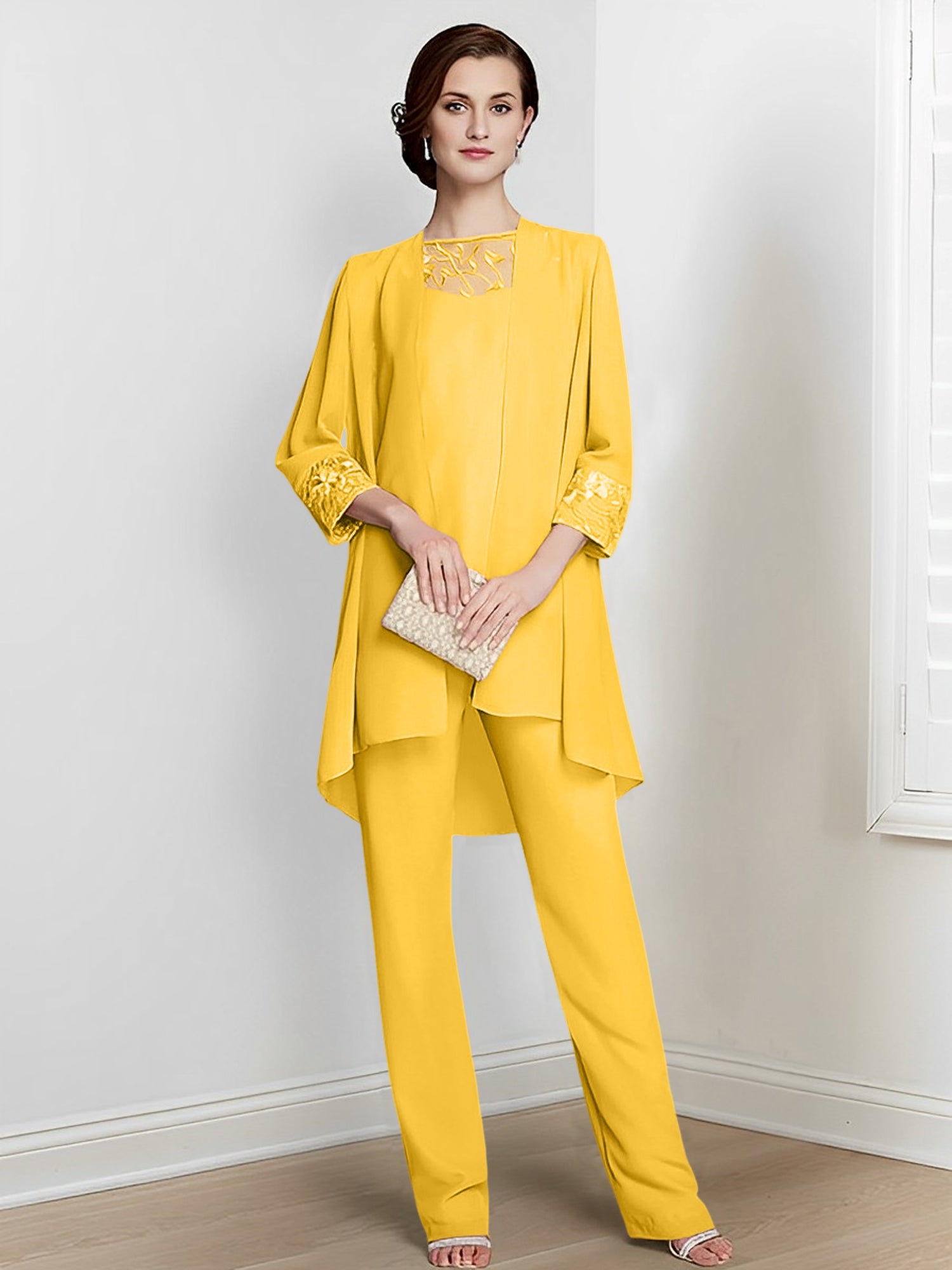 Floor-Length Square Neck Chiffon Pantsuit With Long Sleeves and Jacket for the Mother of the Bride-LLELLA