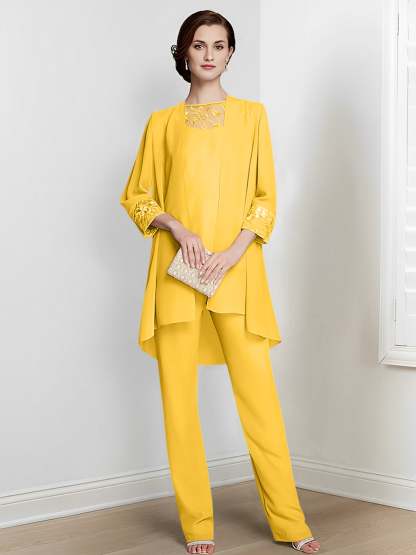 Floor-Length Square Neck Chiffon Pantsuit With Long Sleeves and Jacket for the Mother of the Bride-LLELLA