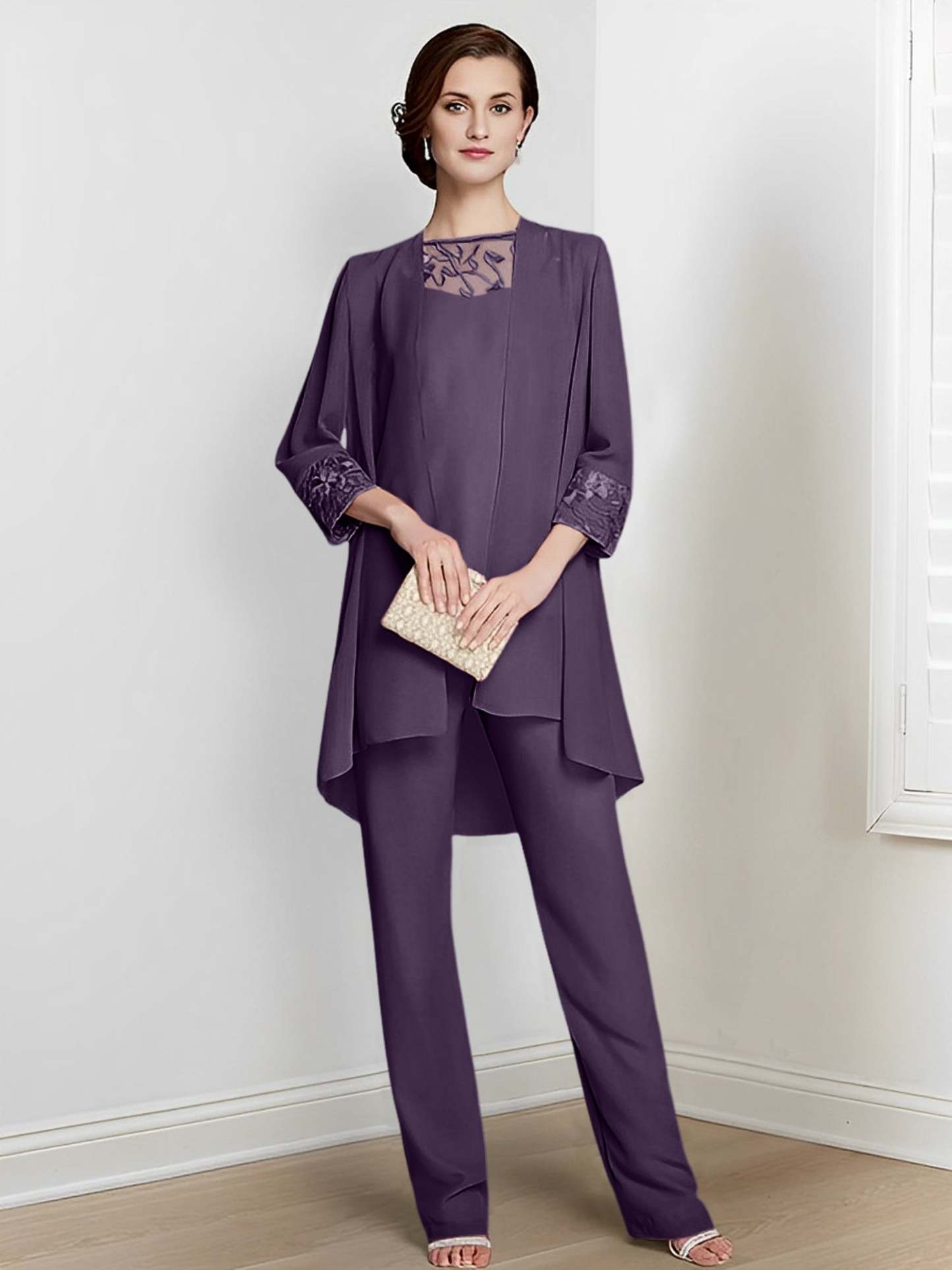 Floor-Length Square Neck Chiffon Pantsuit With Long Sleeves and Jacket for the Mother of the Bride-LLELLA