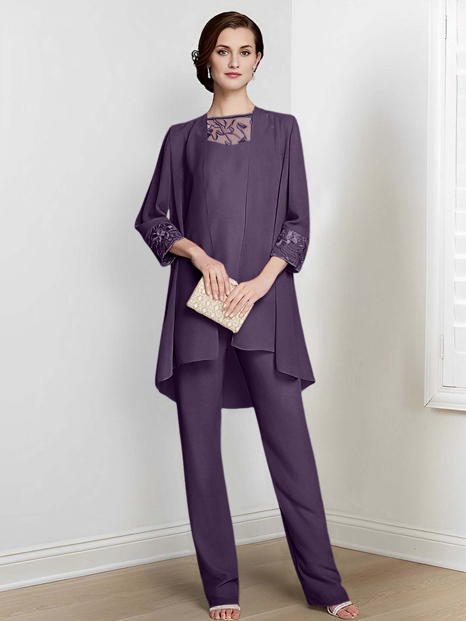 Floor-Length Square Neck Chiffon Pantsuit With Long Sleeves and Jacket for the Mother of the Bride-LLELLA