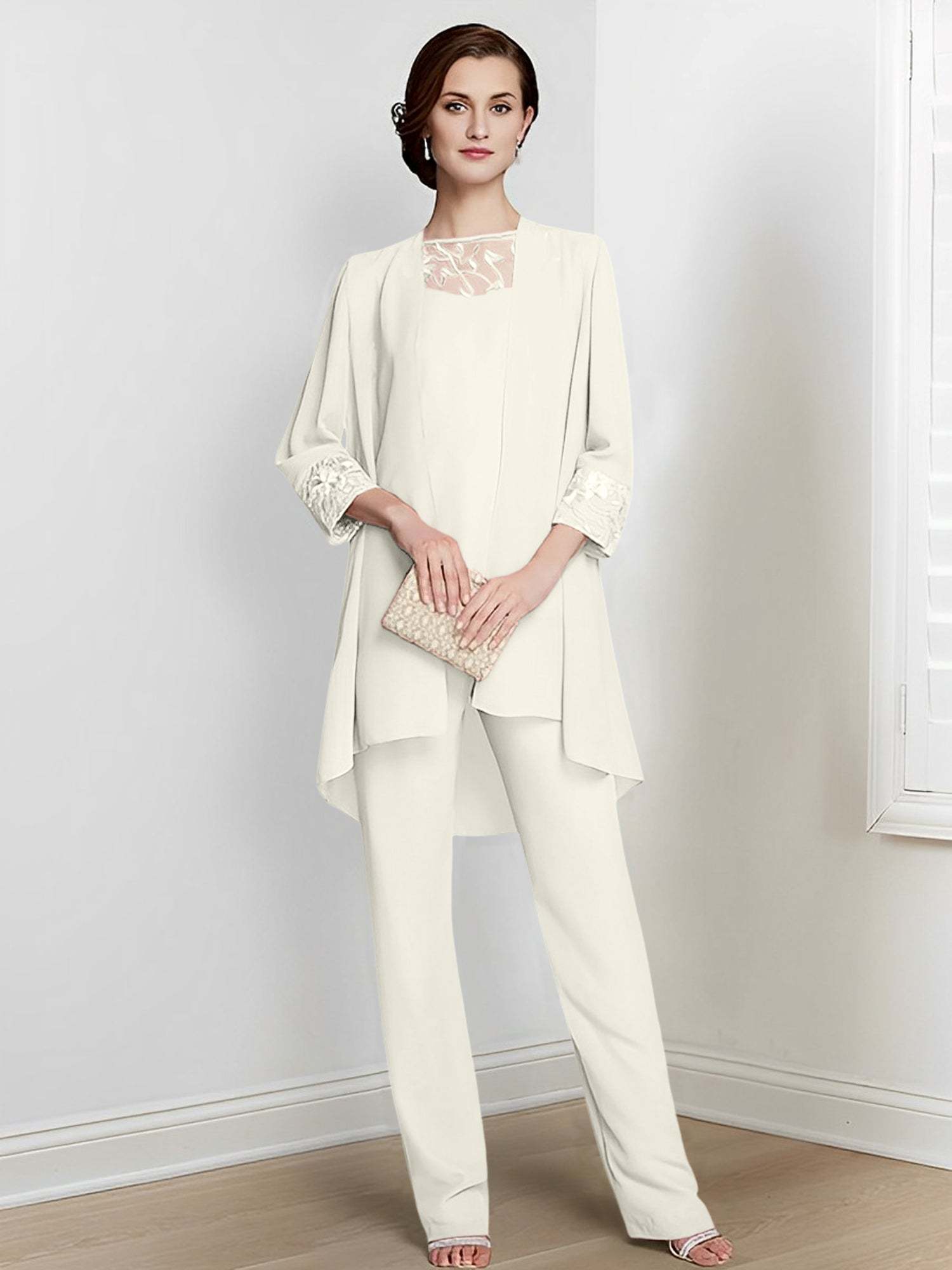Floor-Length Square Neck Chiffon Pantsuit With Long Sleeves and Jacket for the Mother of the Bride-LLELLA