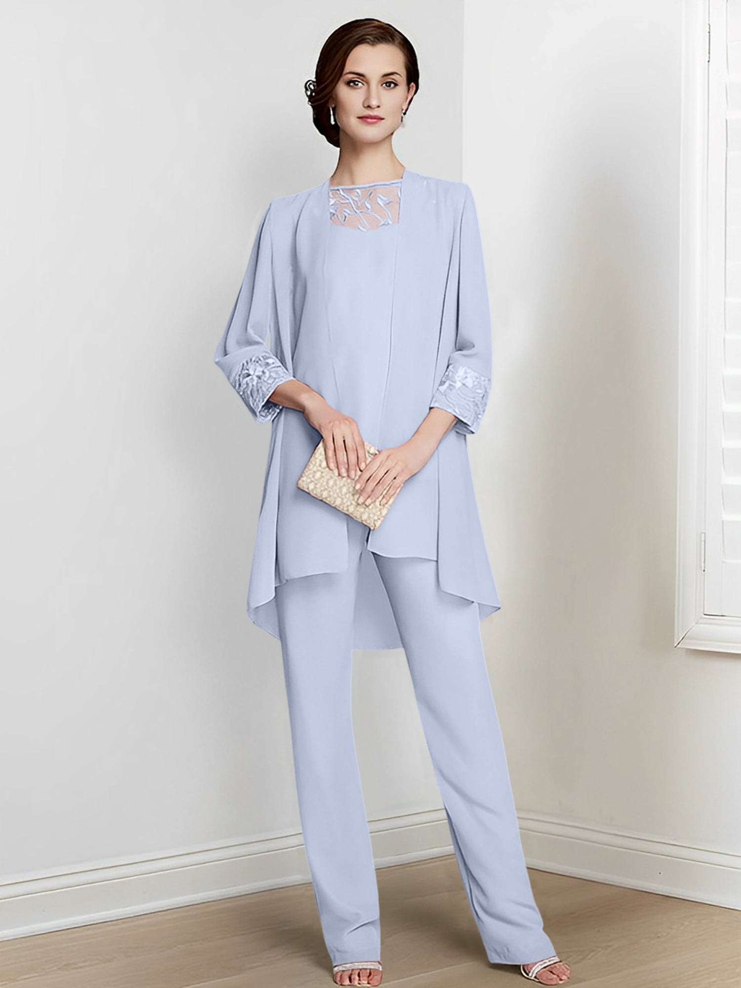 Floor-Length Square Neck Chiffon Pantsuit With Long Sleeves and Jacket for the Mother of the Bride-LLELLA