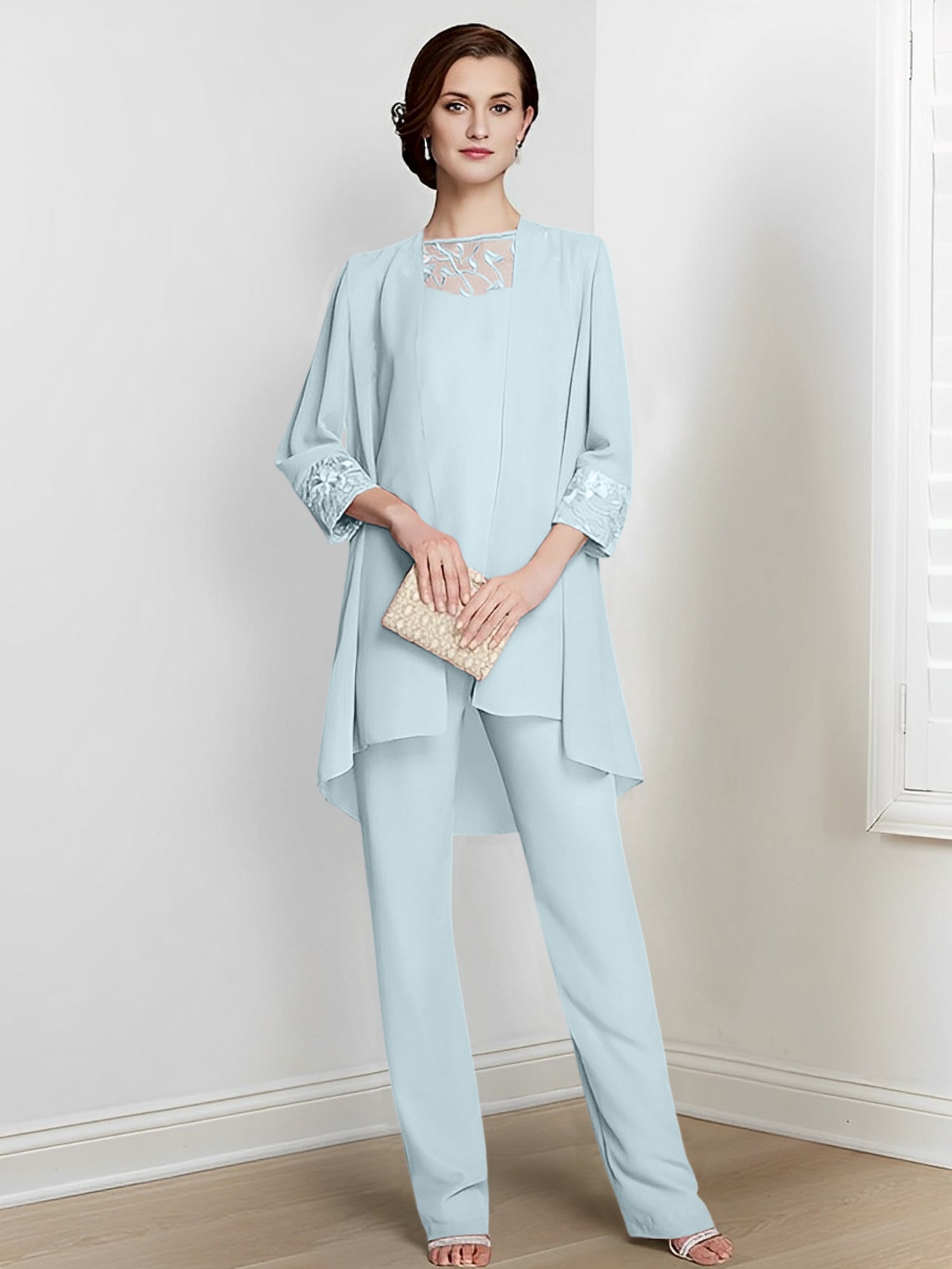 Floor-Length Square Neck Chiffon Pantsuit With Long Sleeves and Jacket for the Mother of the Bride-LLELLA