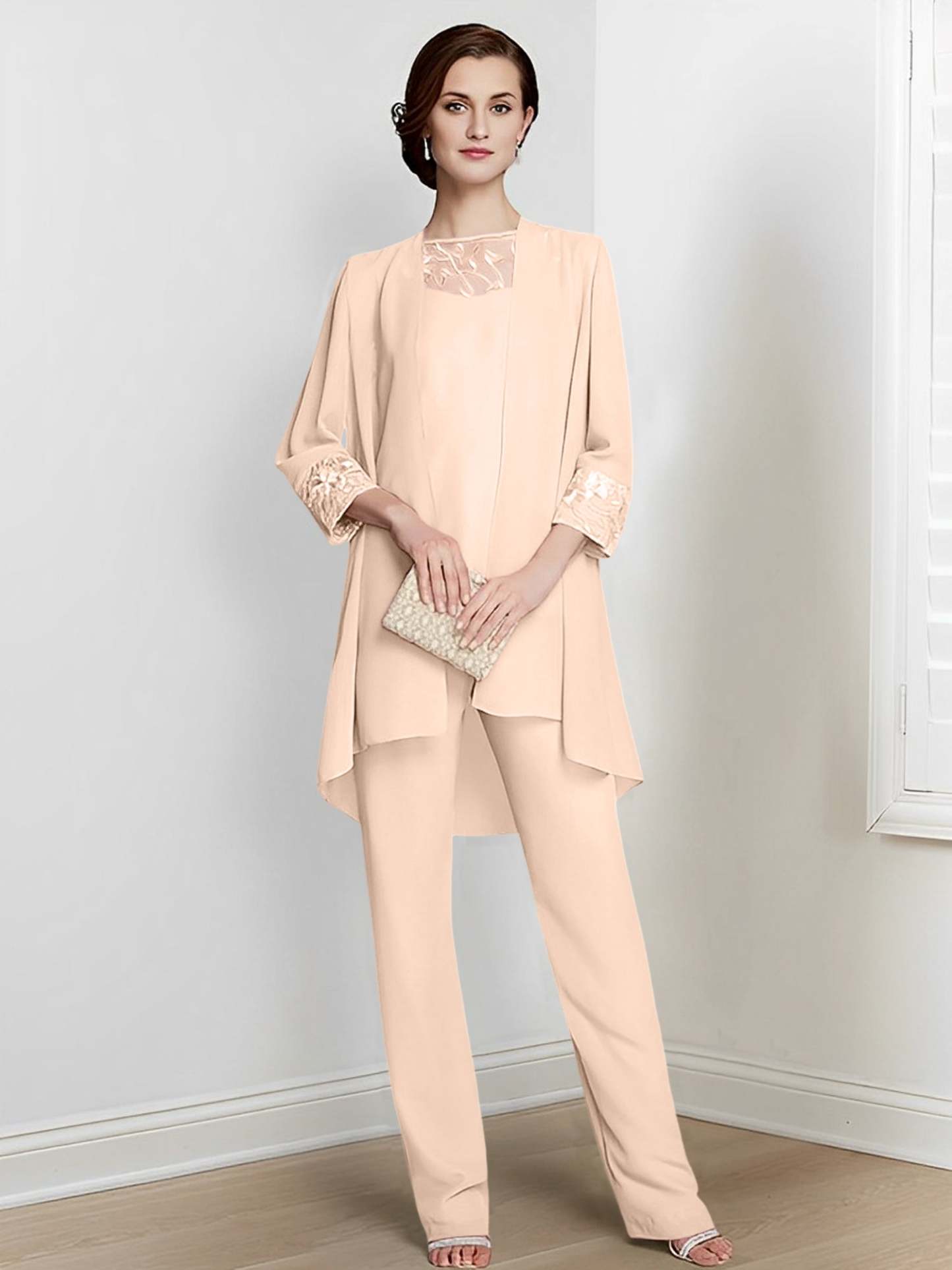 Floor-Length Square Neck Chiffon Pantsuit With Long Sleeves and Jacket for the Mother of the Bride-LLELLA