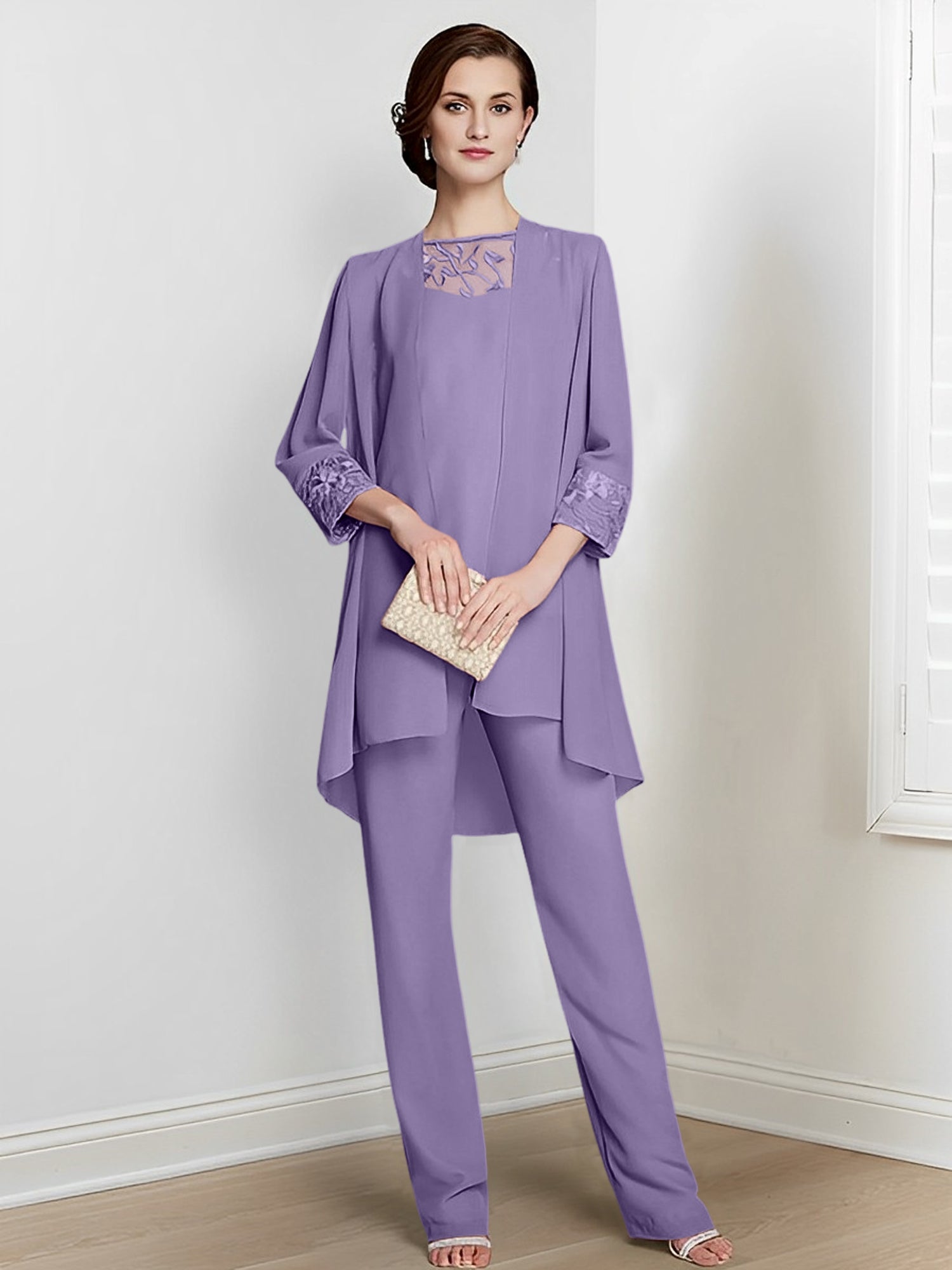 Floor-Length Square Neck Chiffon Pantsuit With Long Sleeves and Jacket for the Mother of the Bride-LLELLA
