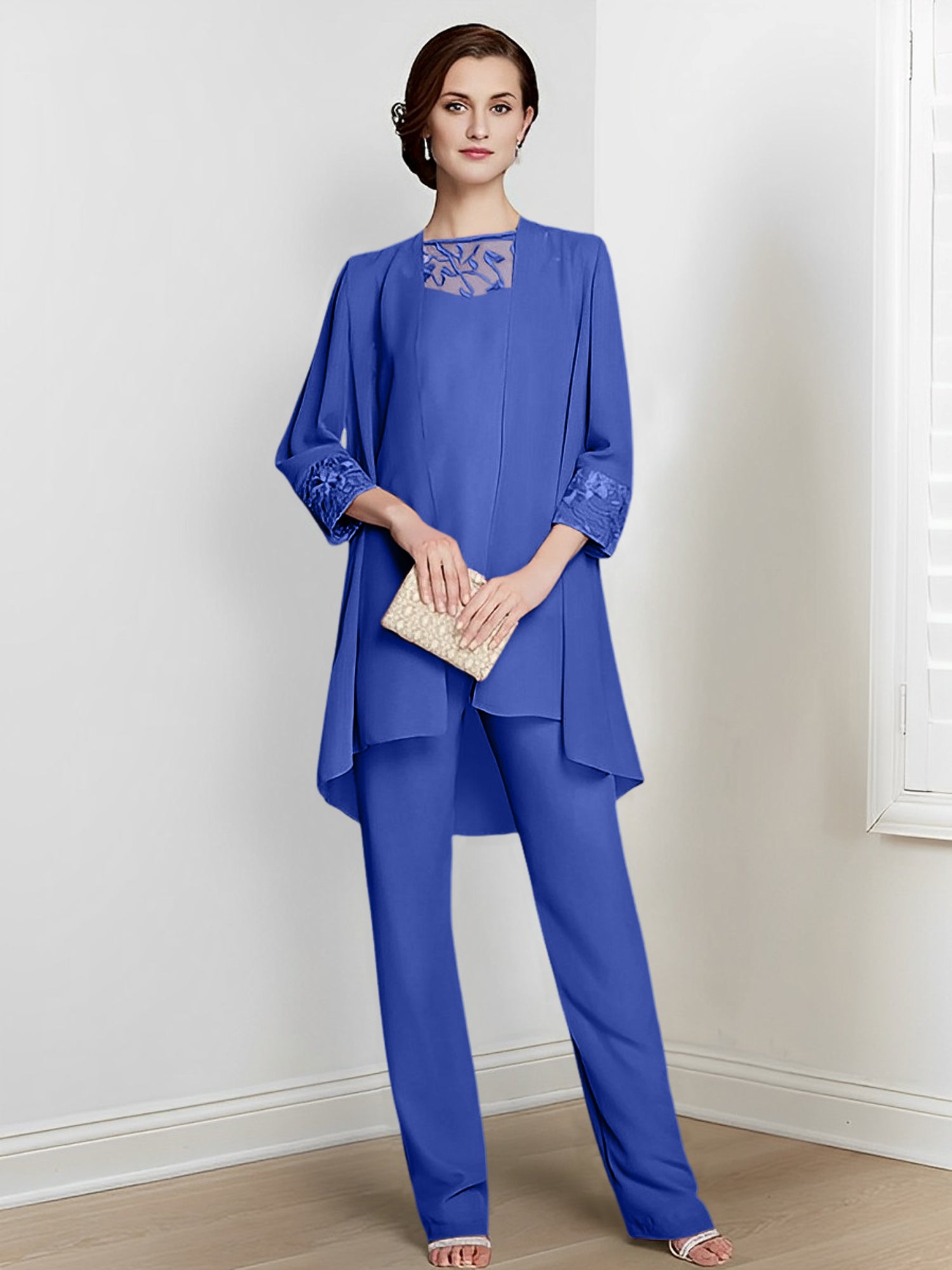Floor-Length Square Neck Chiffon Pantsuit With Long Sleeves and Jacket for the Mother of the Bride-LLELLA