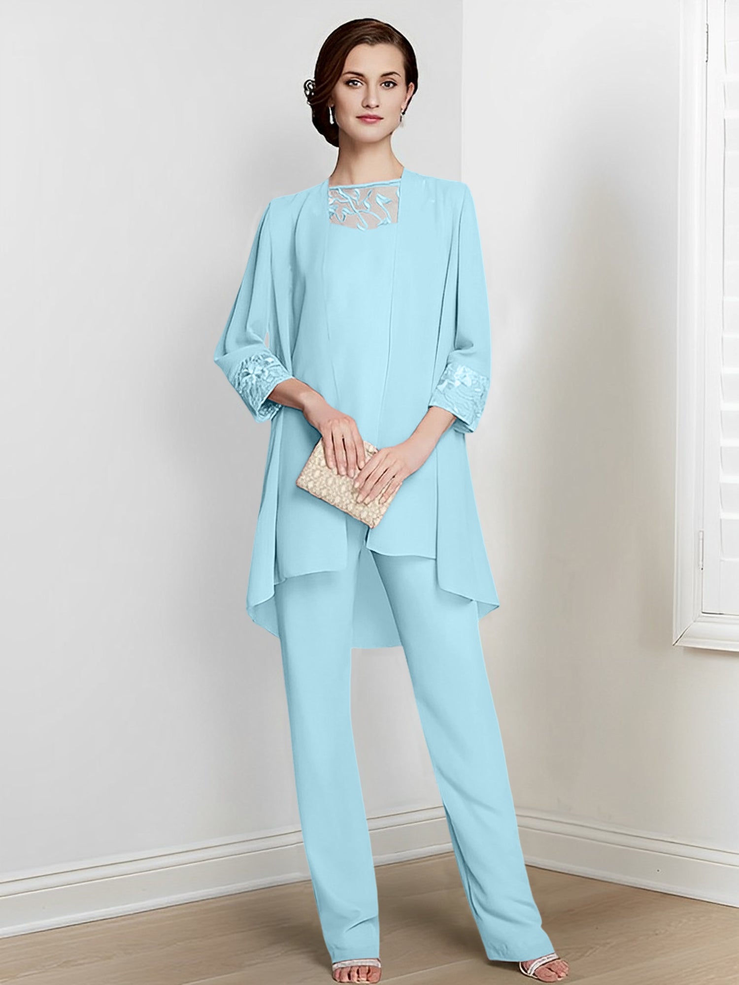 Floor-Length Square Neck Chiffon Pantsuit With Long Sleeves and Jacket for the Mother of the Bride-LLELLA