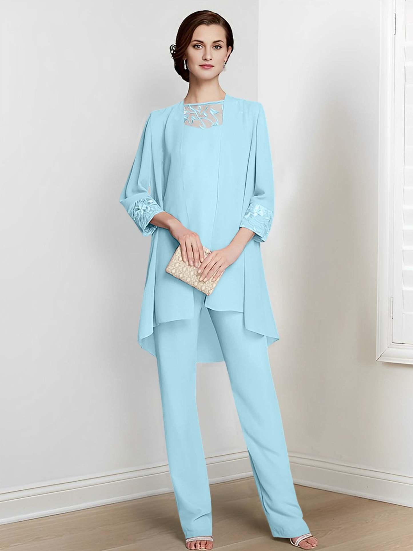 Floor-Length Square Neck Chiffon Pantsuit With Long Sleeves and Jacket for the Mother of the Bride-LLELLA