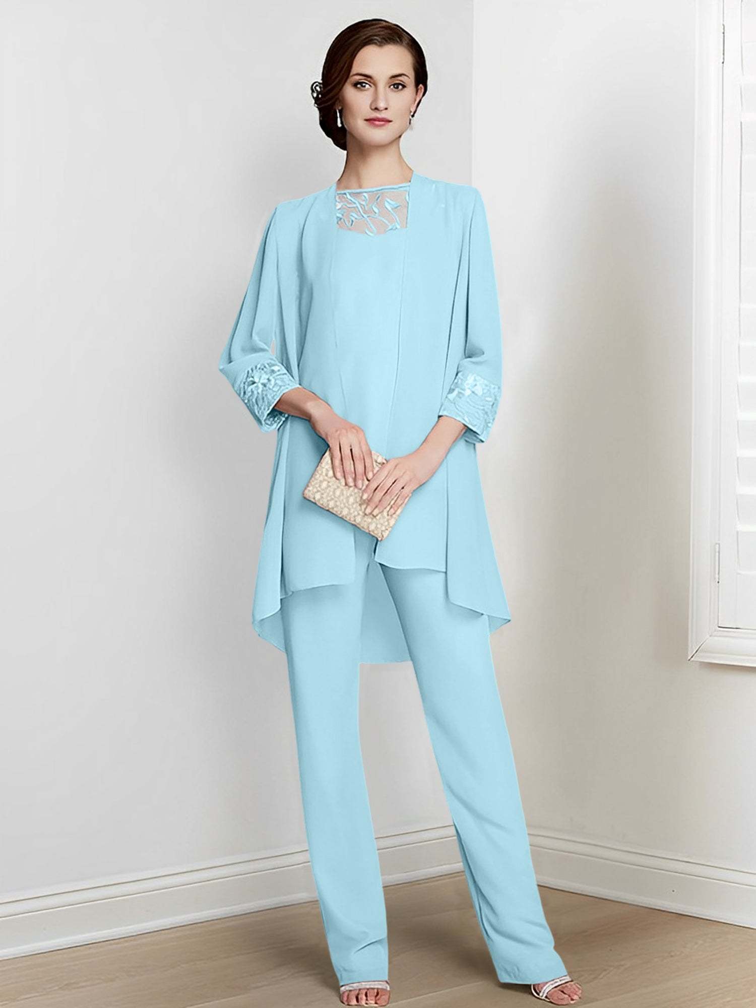 Floor-Length Square Neck Chiffon Pantsuit With Long Sleeves and Jacket for the Mother of the Bride-LLELLA