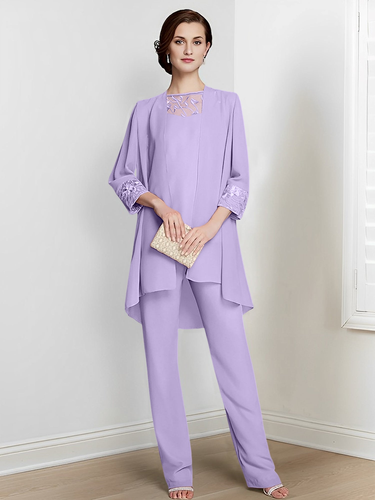 Floor-Length Square Neck Chiffon Pantsuit With Long Sleeves and Jacket for the Mother of the Bride-LLELLA