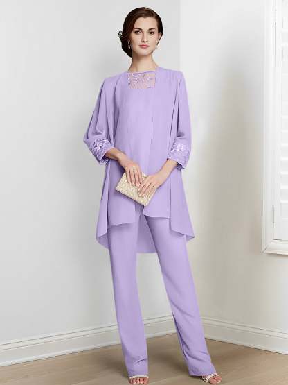 Floor-Length Square Neck Chiffon Pantsuit With Long Sleeves and Jacket for the Mother of the Bride-LLELLA
