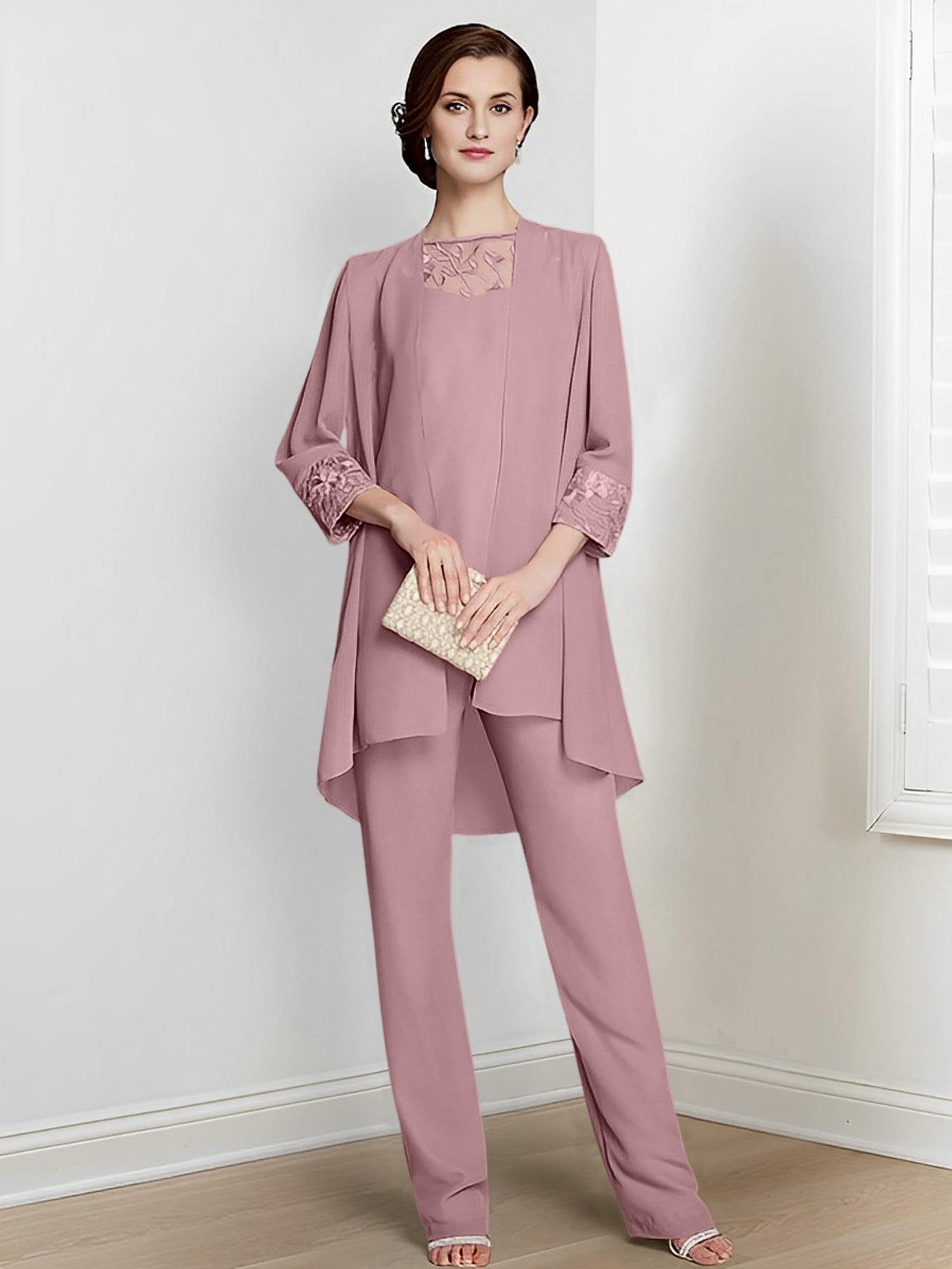 Floor-Length Square Neck Chiffon Pantsuit With Long Sleeves and Jacket for the Mother of the Bride-LLELLA