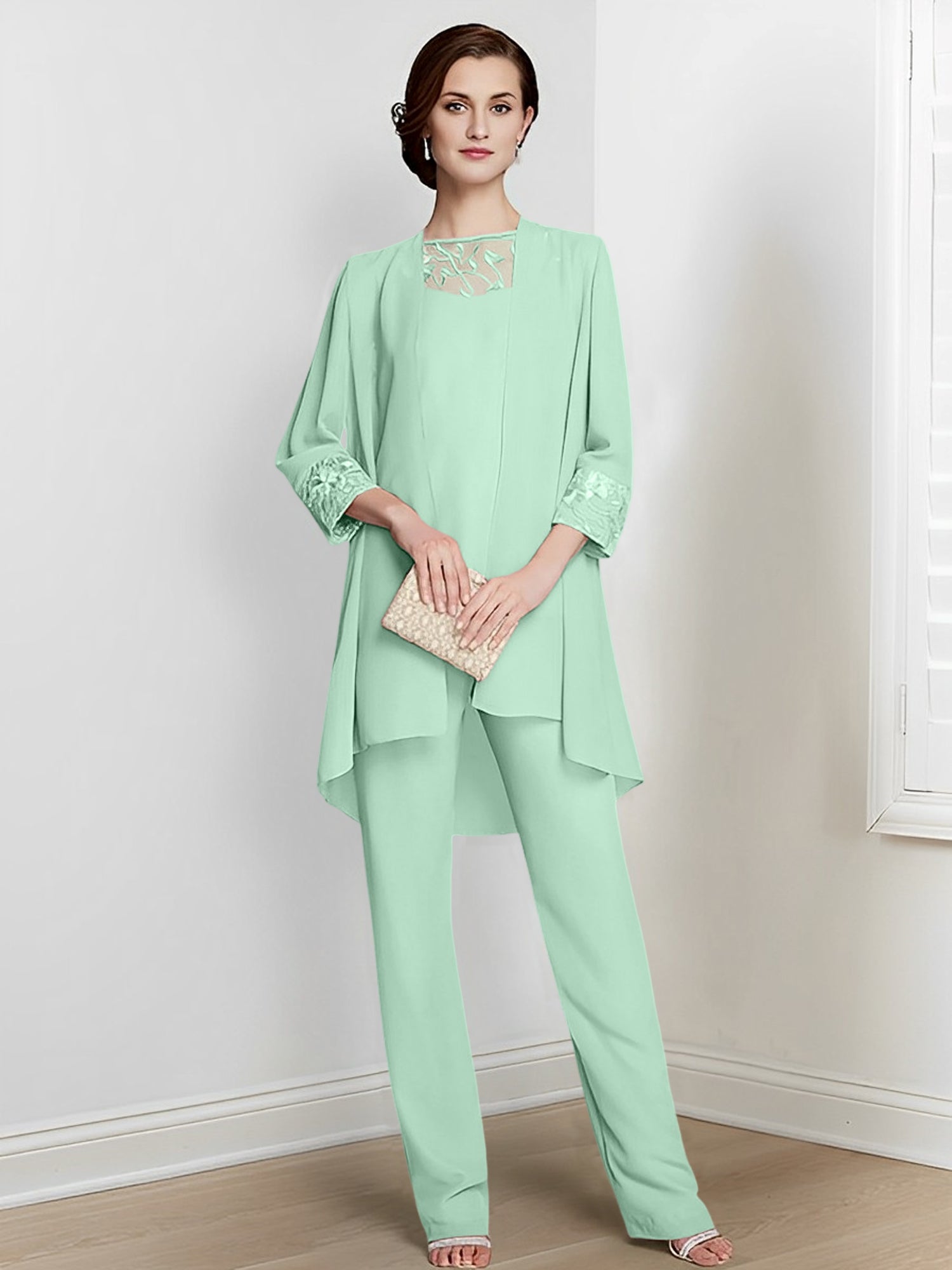 Floor-Length Square Neck Chiffon Pantsuit With Long Sleeves and Jacket for the Mother of the Bride-LLELLA