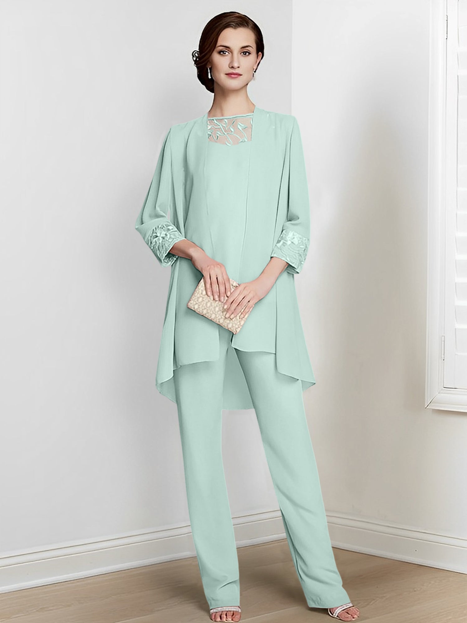 Floor-Length Square Neck Chiffon Pantsuit With Long Sleeves and Jacket for the Mother of the Bride-LLELLA