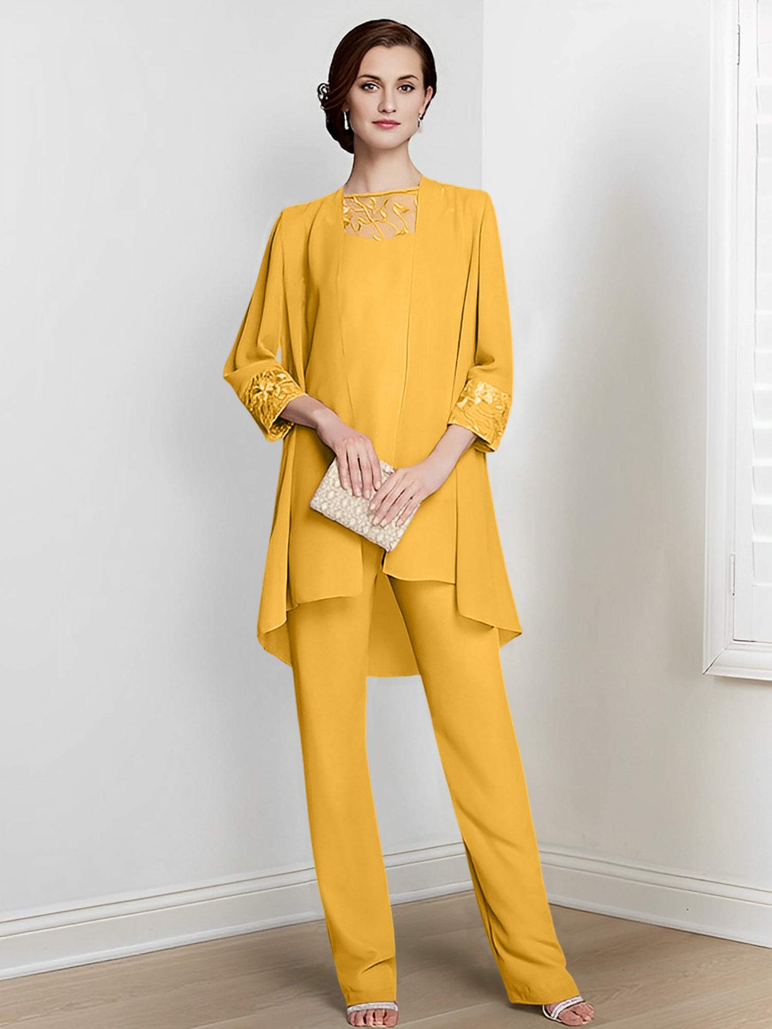 Floor-Length Square Neck Chiffon Pantsuit With Long Sleeves and Jacket for the Mother of the Bride-LLELLA