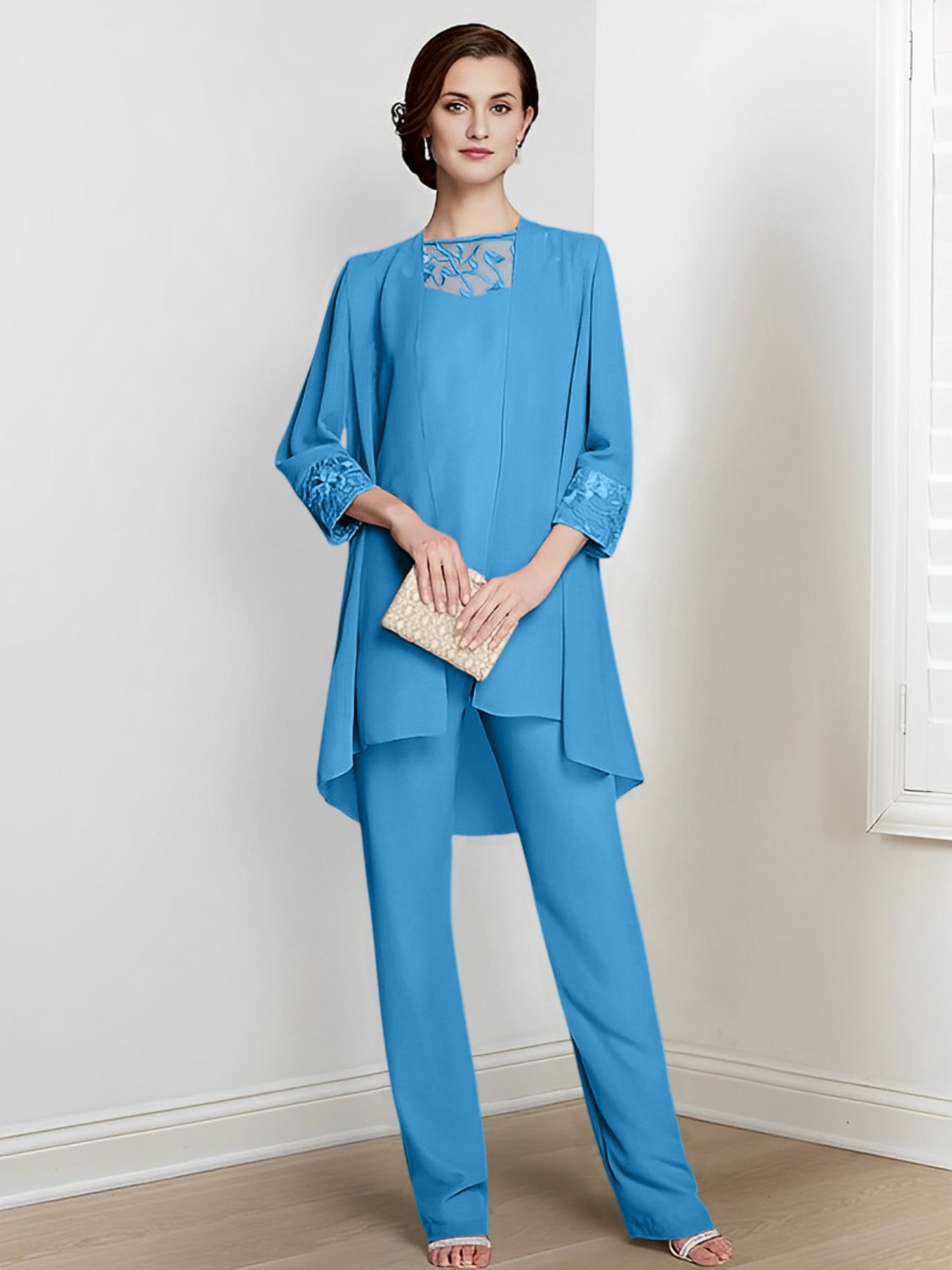 Floor-Length Square Neck Chiffon Pantsuit With Long Sleeves and Jacket for the Mother of the Bride-LLELLA