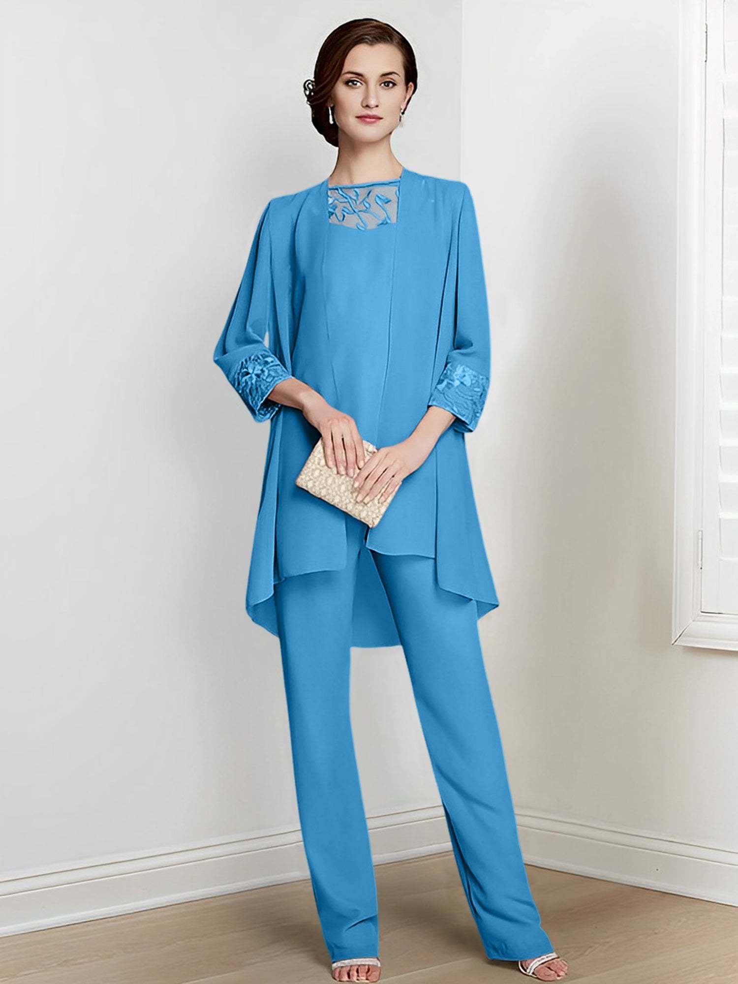 Floor-Length Square Neck Chiffon Pantsuit With Long Sleeves and Jacket for the Mother of the Bride-LLELLA