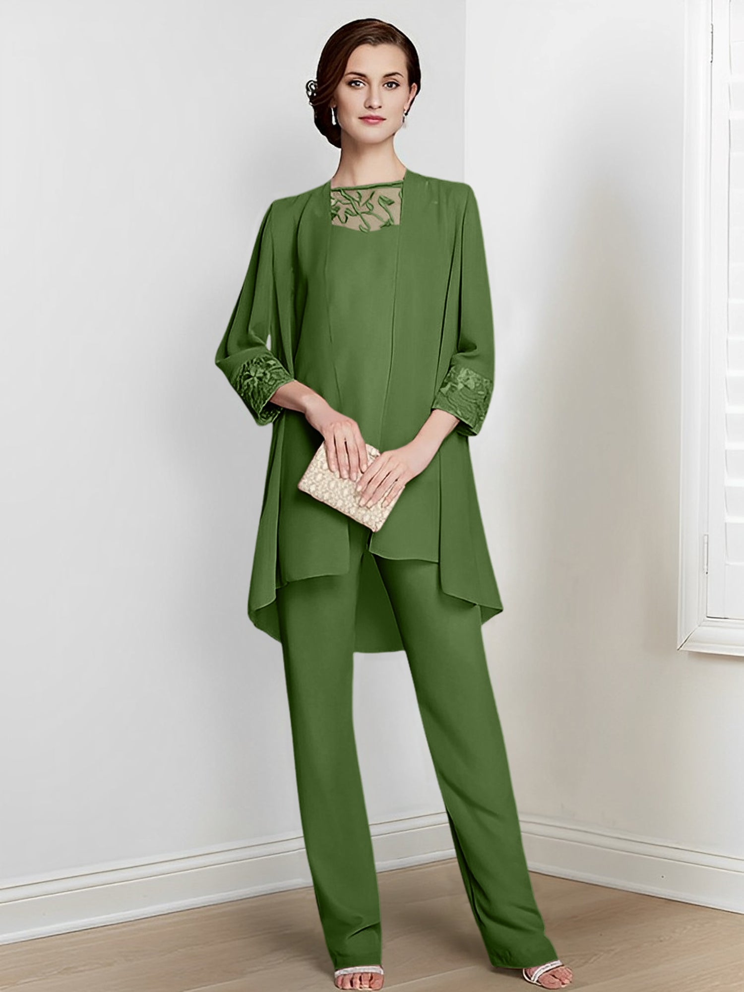 Floor-Length Square Neck Chiffon Pantsuit With Long Sleeves and Jacket for the Mother of the Bride-LLELLA