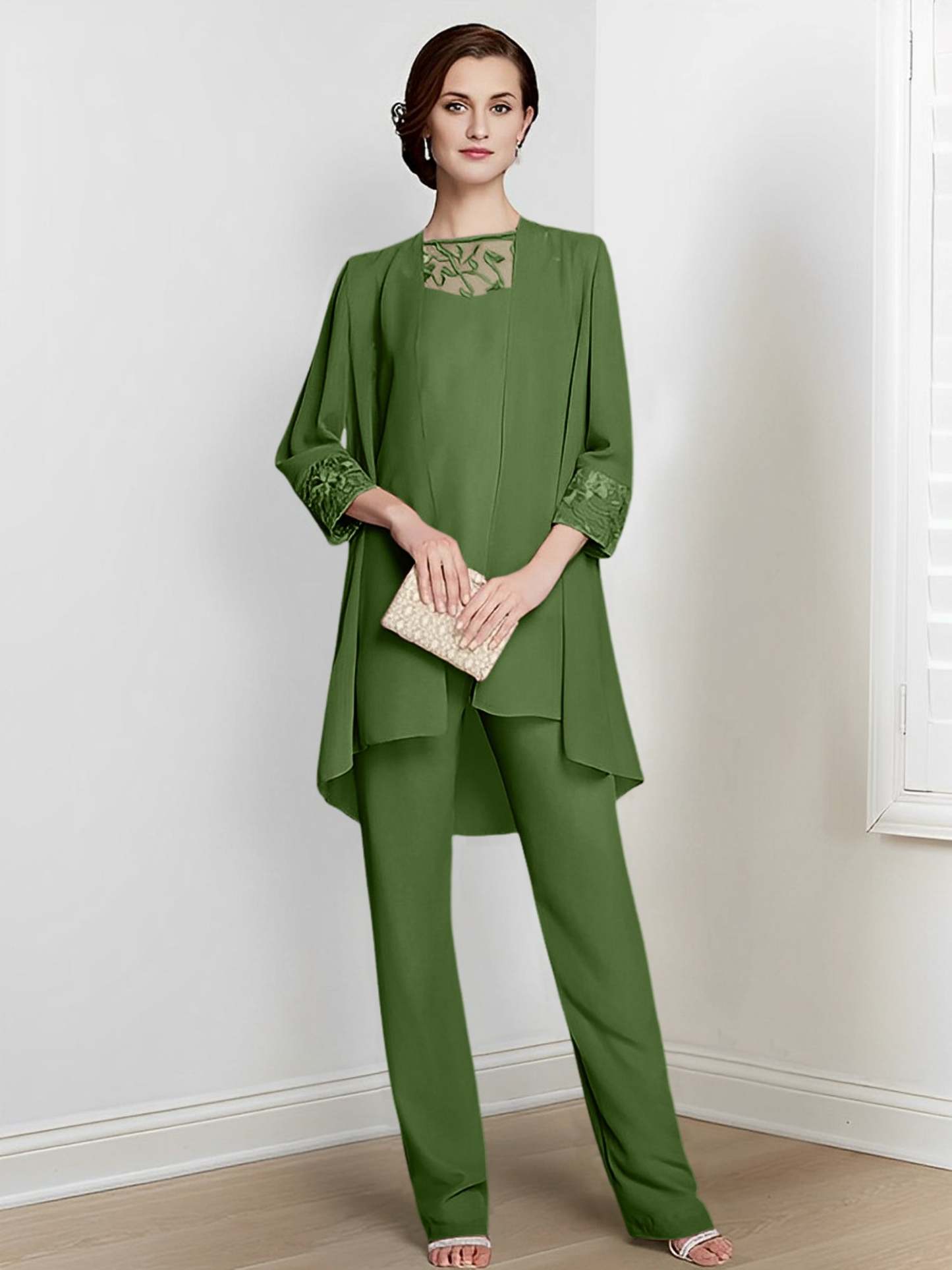 Floor-Length Square Neck Chiffon Pantsuit With Long Sleeves and Jacket for the Mother of the Bride-LLELLA