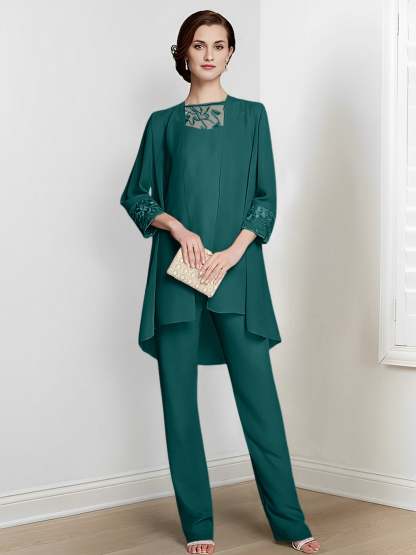 Floor-Length Square Neck Chiffon Pantsuit With Long Sleeves and Jacket for the Mother of the Bride-LLELLA