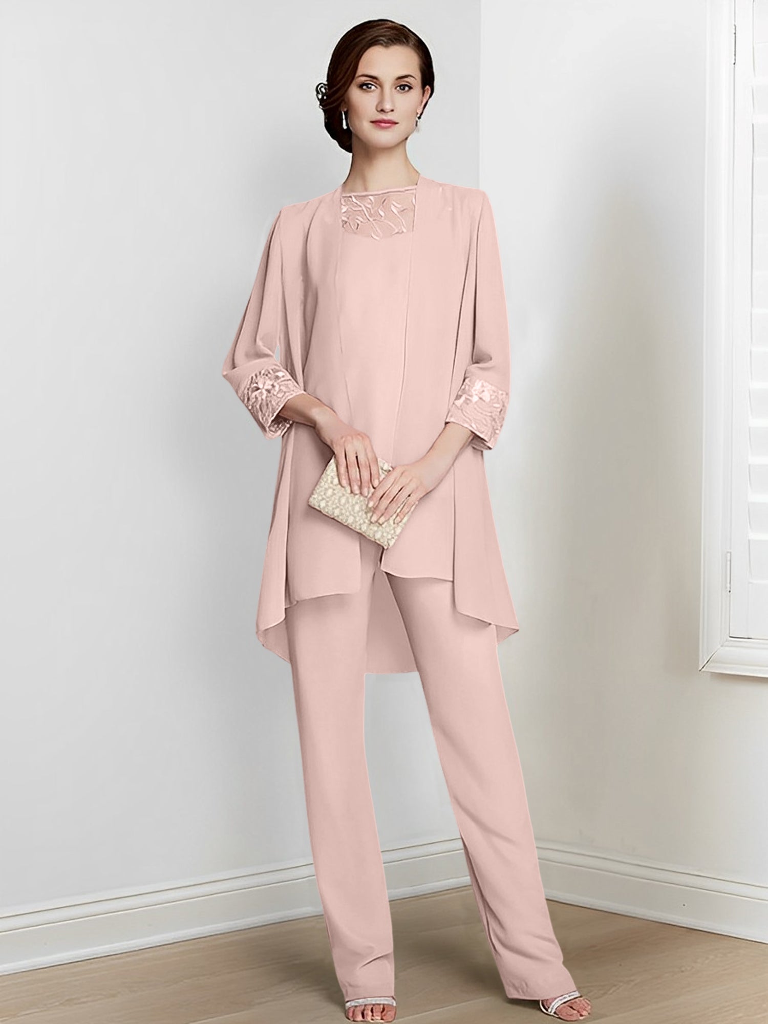 Floor-Length Square Neck Chiffon Pantsuit With Long Sleeves and Jacket for the Mother of the Bride-LLELLA